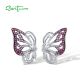 SANTUZZA 925 Sterling Silver Stud Earrings White CZ Pink And Red Butterfly Jewelry