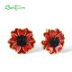 SANTUZZA 925 Sterling Silver Earrings Black Spinel Red Enamel Blossom Flower Jewelry