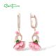 SANTUZZA 925 Sterling Silver Drop Earrings White Cubic Zirconia Pink Enamel Flower Jewelry