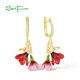 SANTUZZA 925 Sterling Silver Dangling Earrings White Cubic Zirconia Red Flower Jewelry Enamel
