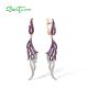 SANTUZZA 925 Sterling Silver Dangling Earrings Created Pink Sapphire/ Ruby White CZ Feather Jewelry
