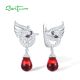 SANTUZZA 925 Sterling Silver Swan Earrings White CZ Red Glass Created Ruby Dangling Jewelry