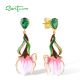 SANTUZZA 925 Sterling Silver Stud Earrings Pink Enamel Flower Green Spinel Jewelry