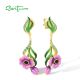 SANTUZZA 925 Sterling Silver Stud Earrings Pink Enamel Wild Flower Green Spinel Jewelry