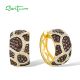 SANTUZZA 925 Sterling Silver Loop Earrings White CZ Brown Spinel Leopard Print Classical Jewelry