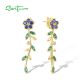 SANTUZZA 925 Sterling Silver Drop Stud Earrings Blue Flower Green Spinel Leaf Fine Jewelry