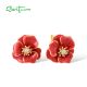 SANTUZZA 925 Sterling Silver Earrings White CZ Red Enamel Blossom Flower Fine Jewelry
