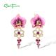 SANTUZZA 925 Sterling Silver Earrings Created Pink Sapphire Enamel Orchid Flower Jewelry