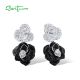 SANTUZZA 925 Sterling Silver Drop Earrings White CZ Elegant Black&White Flower Enamel Jewelry