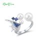 SANTUZZA 925 Sterling Silver Adjustable Ring Blue Stone White Shell Beads Fish Fine Jewelry