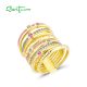 SANTUZZA 925 Sterling Silver Layer Ring Pink Blue Gemstones Yellow Gold Plated Jewelry