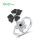 SANTUZZ 925 Sterling Silver Rings For Women Black Spinel White Cubic Zirconia Flower Jewelry