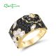 SANTUZZA 925 Sterling Silver Ring  Black Spinel White CZ Chic Flower Fine Jewelry