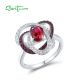 SANTUZZA 925 Sterling Silver Ring White CZ Created Ruby Cozy Red Flower Jewelry