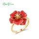 SANTUZZA 925 Sterling Silver Rings White CZ Enamel Red Flower Delicated Fine Jewelry