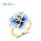 SANTUZZA 925 Sterling Silver Rings White CZ Blue Enamel Charming Flower Fine Jewelry